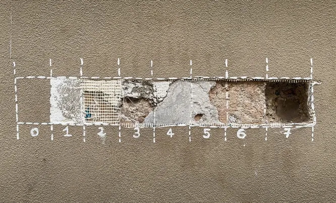 Geöffneter Bereich einer verputzten Fassade zur Untersuchung verschiedener Putz- und Untergrundschichten bei einem Fassadenschaden.
