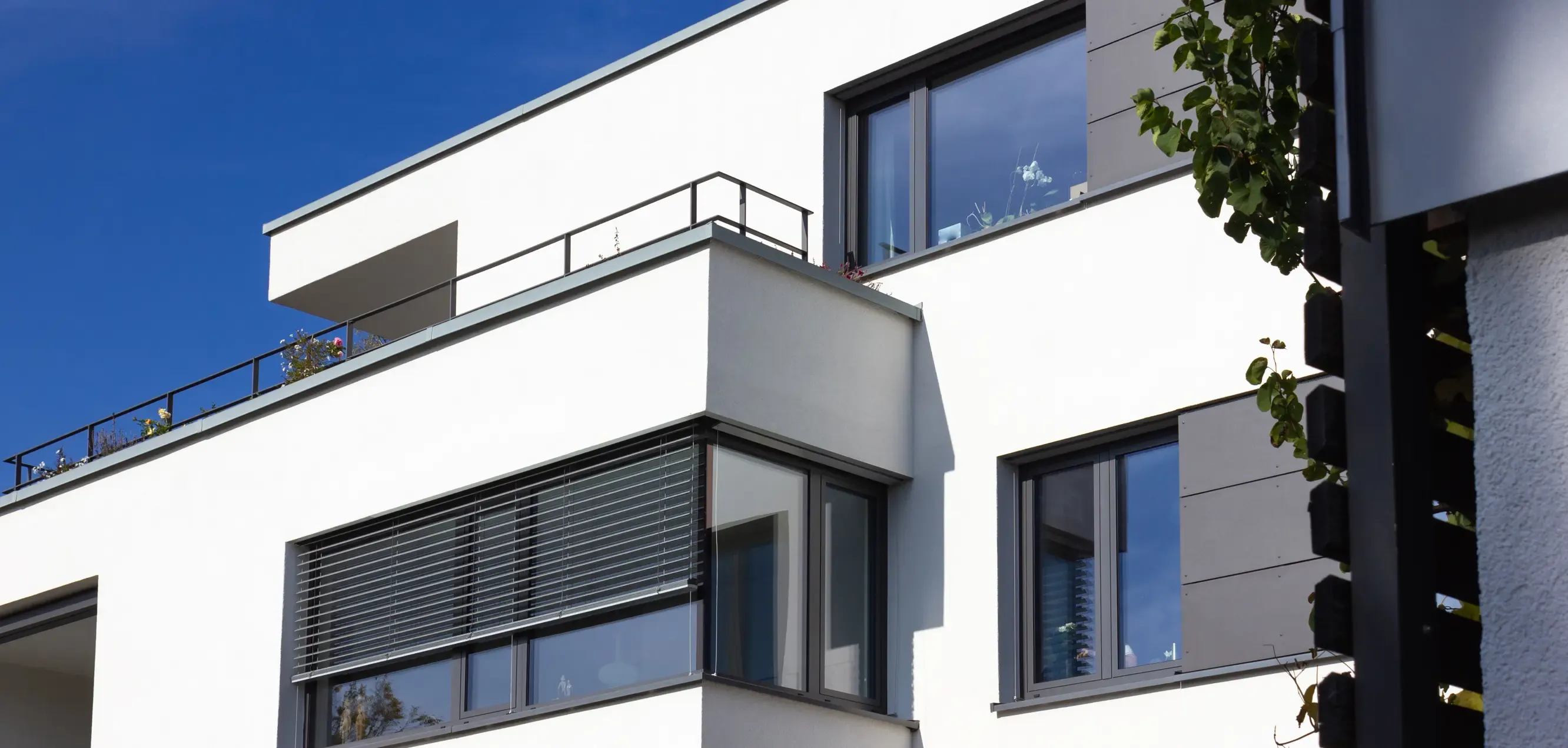 Modernes Gebäude mit weißen Wänden und großen Fenstern. Auf einem Balkon sind Pflanzen sichtbar. Der Himmel ist blau und ein Baumast ragt ins Bild.