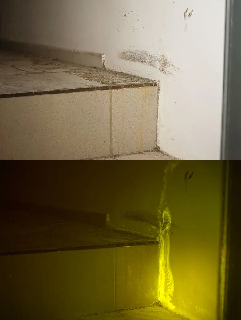 Wand- und Treppenanschluss im Vergleich zwischen normaler Aufnahme und forensischer Untersuchung mit sichtbaren Fluoreszenzspuren.