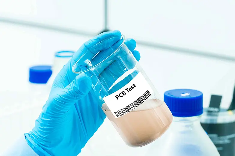 Eine behandschuhte Hand hält ein Laborglas mit der Aufschrift "PCB Test" und einem Barcode. Die Flüssigkeit im Glas ist beige. Im Hintergrund sind unscharf weitere Laborflaschen mit blauen Verschlüssen zu sehen.
