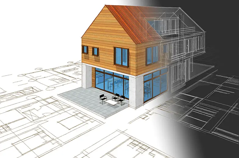 Ein zweigeschossiges Haus mit Holzfassade und großen Fenstern verschmilzt von einem Architektenplan links in ein fertiges 3D-Modell rechts. Vor dem Haus stehen ein Tisch und Stühle auf einer Terrasse.