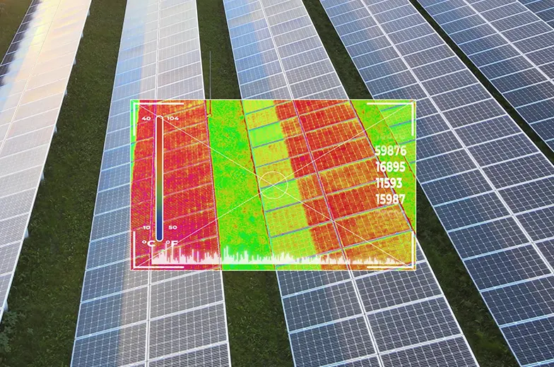 Das Bild zeigt mehrere Reihen von Solarpaneelen. Überlagert ist ein Infrarotbild, das Bereiche in verschiedenen Farben darstellt, wahrscheinlich zur Analyse der Temperatur oder Effizienz der Paneele. Zahlen und Linien sind auf dem Infrarotbild sichtbar.